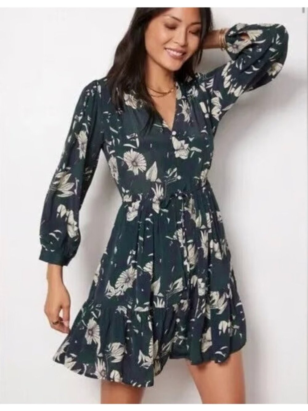 Trovata Birds of Paradis Green Floral Yulia Shirt Dress Long Sleeve Sz M